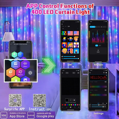 Smart 400-LED Curtain Fairy Lights, App & Remote Control