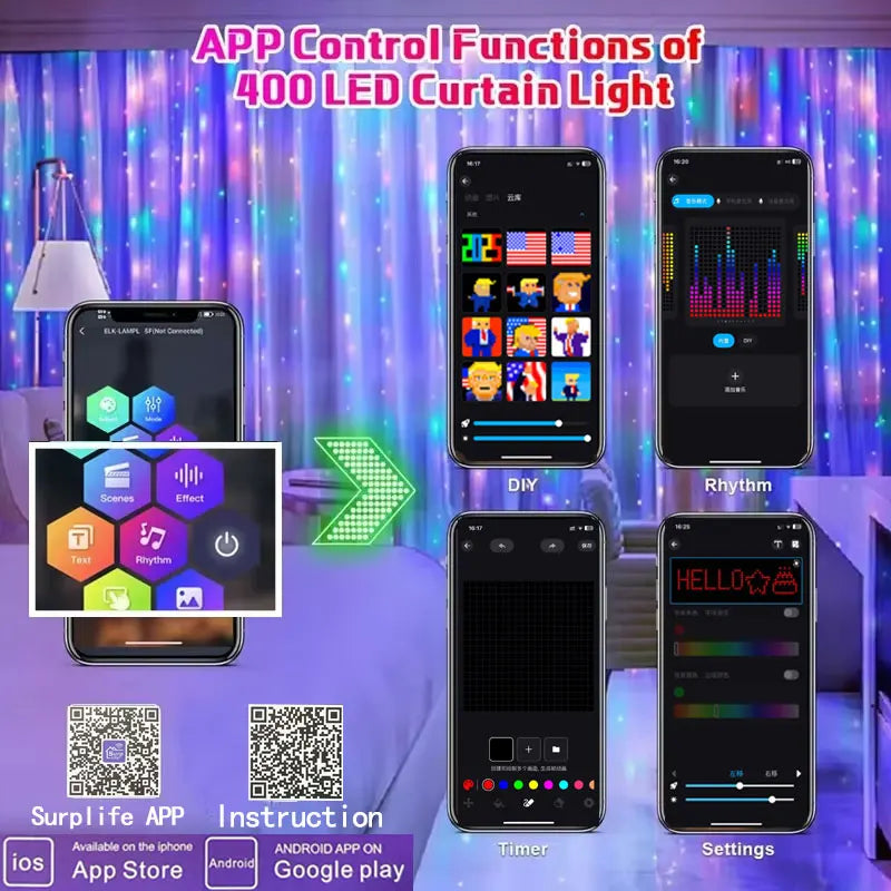 Smart 400-LED Curtain Fairy Lights, App & Remote Control